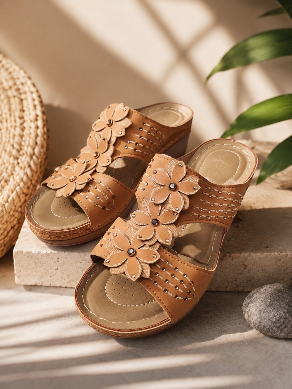 Bolaro Tan NWOT Floral Embellished Comfort Slide Sandals Sz 5